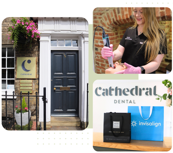 Cathedral Dental practice exterior, dental hygienist treating patient, and Cathedral Dental Invisalign bag